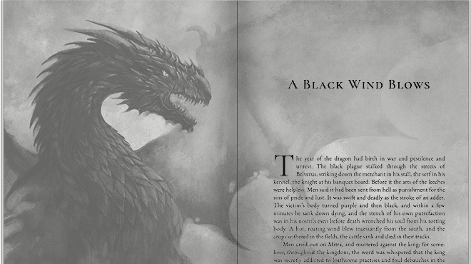 Illustration of a book using a background with a dragon illustration